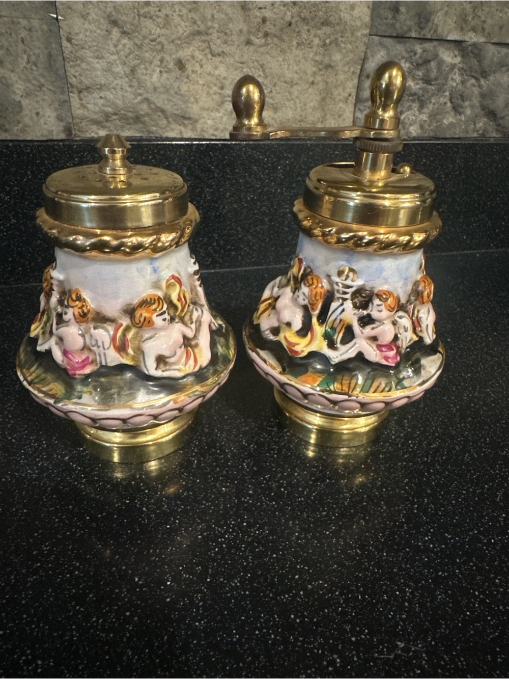 Italian Capodimonte Porcelain Brass Pepper Grinder & Salt Shaker Set Vintage